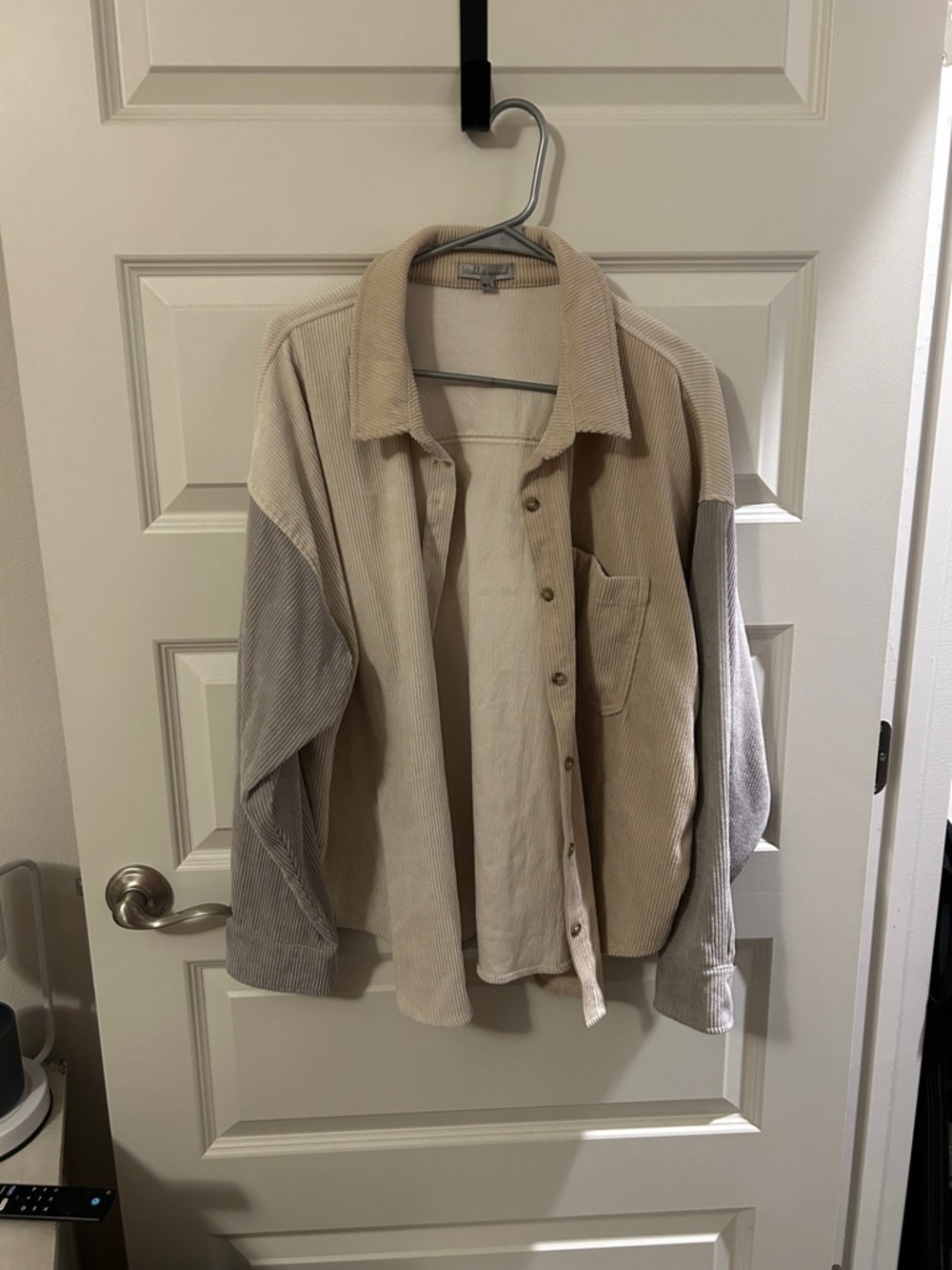 Colorblock Corduroy Button-Down Shirt Jacket in Cream and Light Gray